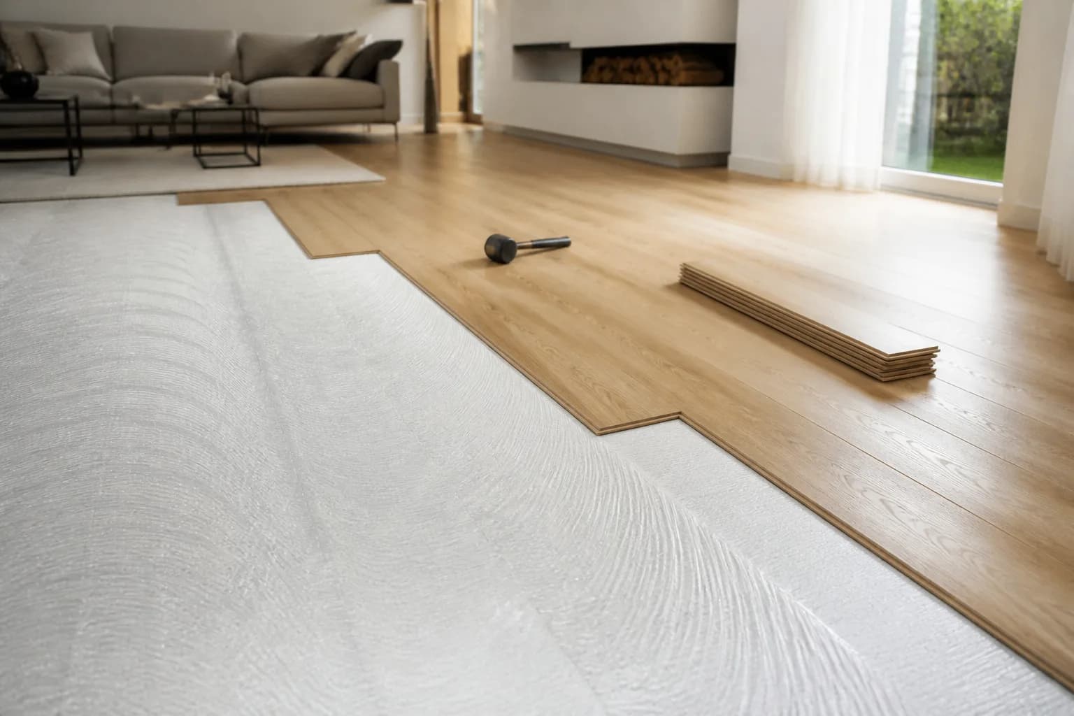 Bodenverlegung mit Laminat und Parkett in einer Wohnung in Langen
