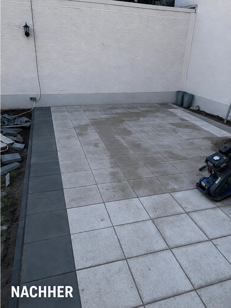 Fertig verlegte Terrasse mit Platten und dunkler Einfassung