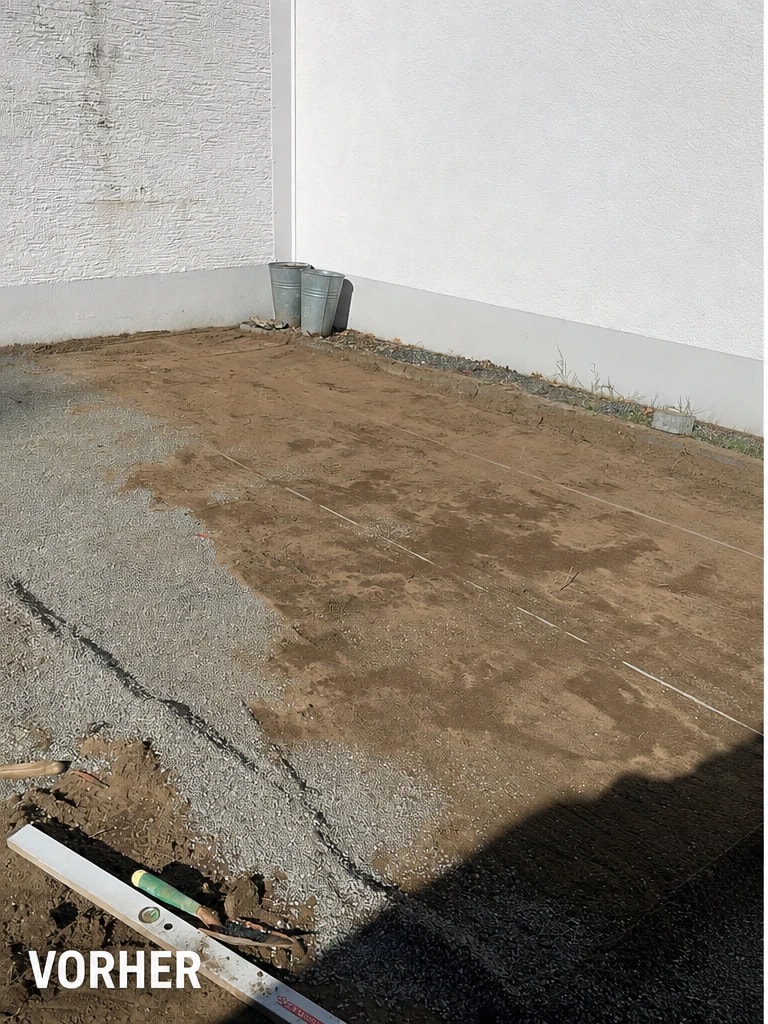 Vorbereiteter Untergrund vor dem Verlegen der Terrassenplatten