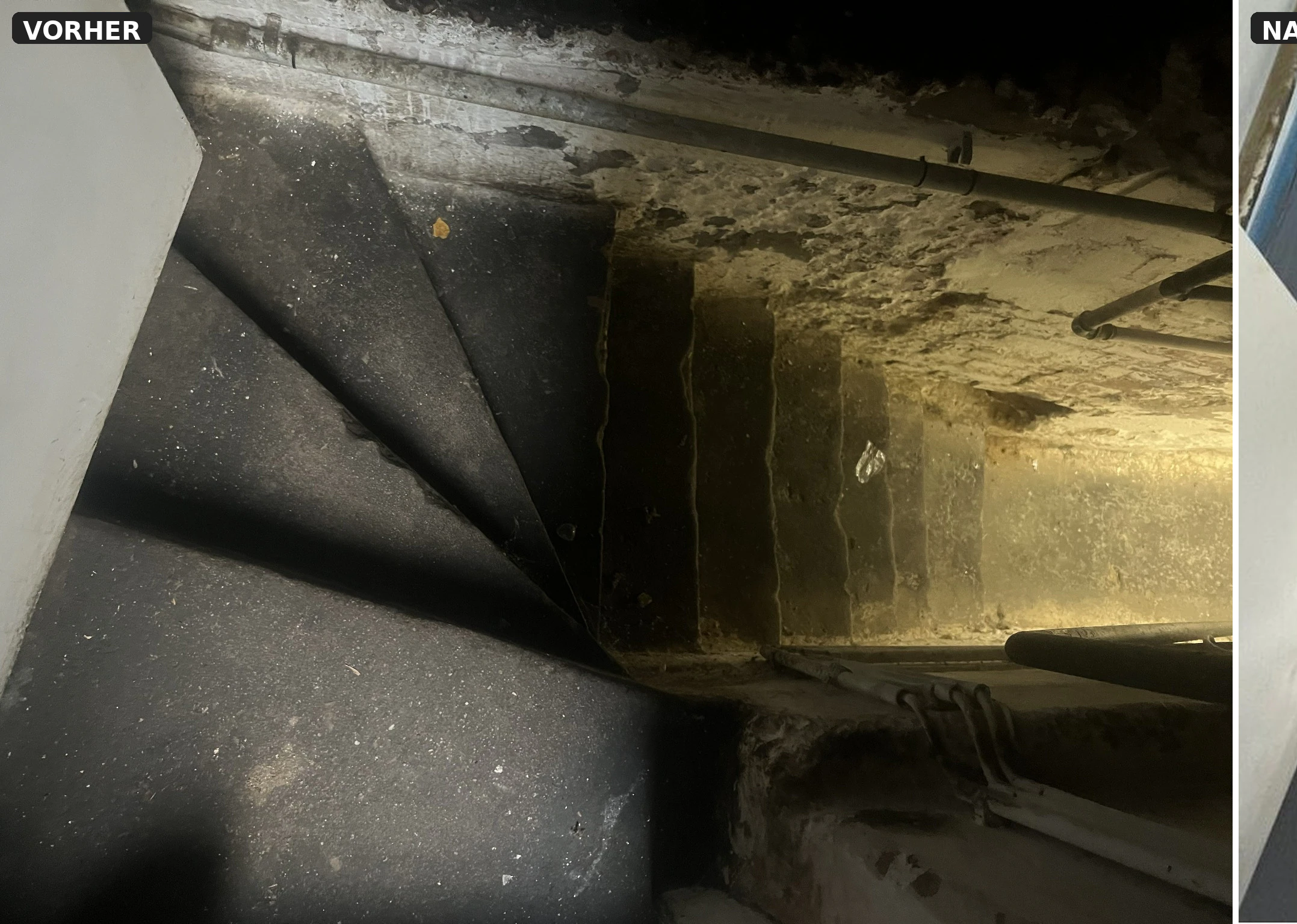 Abgenutzte Kellertreppe vor der Oberflächenaufbereitung