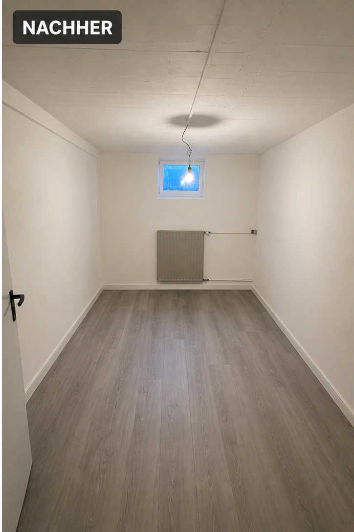 Frisch renovierter Kellerraum mit neuem Boden und Anstrich
